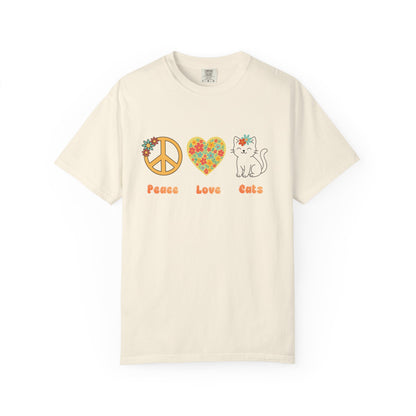 Peace Love Cats T-Shirt — Floral Peace Sign & Heart Cat Graphic Tee