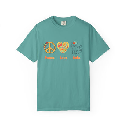 Peace Love Cats T-Shirt — Floral Peace Sign & Heart Cat Graphic Tee