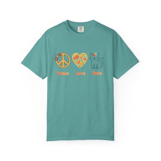 Peace Love Cats T-Shirt — Floral Peace Sign & Heart Cat Graphic Tee
