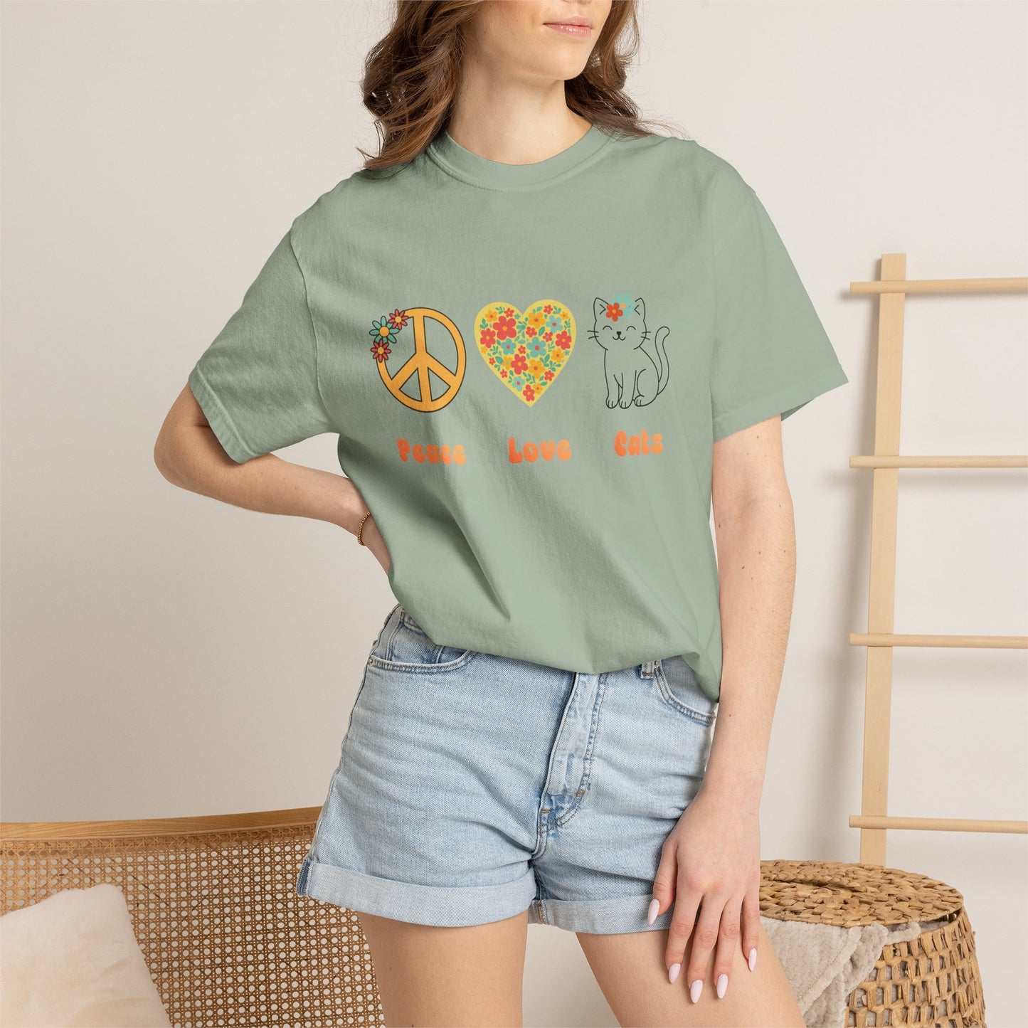 Peace Love Cats T-Shirt — Floral Peace Sign & Heart Cat Graphic Tee