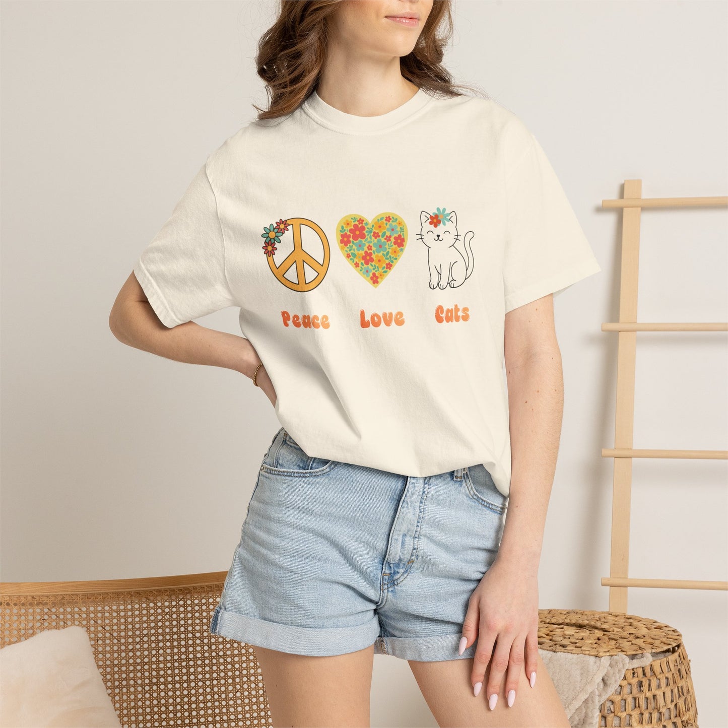 Peace Love Cats T-Shirt — Floral Peace Sign & Heart Cat Graphic Tee