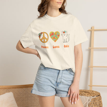 Peace Love Cats T-Shirt — Floral Peace Sign & Heart Cat Graphic Tee