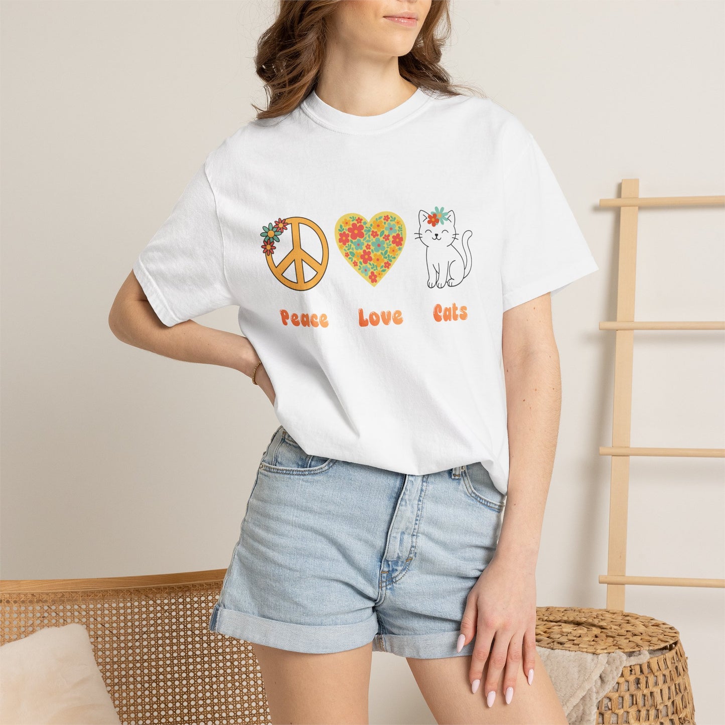Peace Love Cats T-Shirt — Floral Peace Sign & Heart Cat Graphic Tee