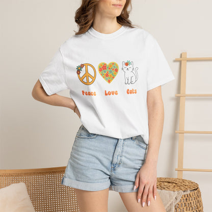 Peace Love Cats T-Shirt — Floral Peace Sign & Heart Cat Graphic Tee