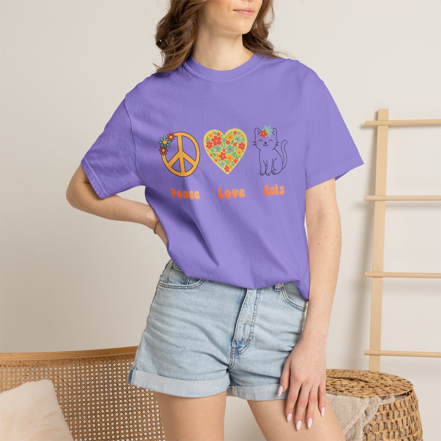 Peace Love Cats T-Shirt — Floral Peace Sign & Heart Cat Graphic Tee