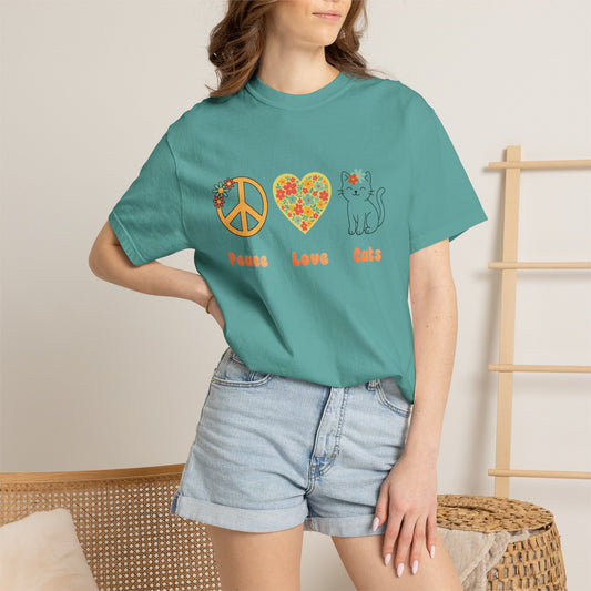Peace Love Cats T-Shirt — Floral Peace Sign & Heart Cat Graphic Tee