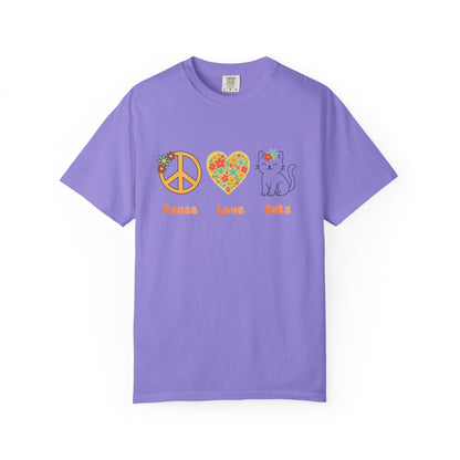 Peace Love Cats T-Shirt — Floral Peace Sign & Heart Cat Graphic Tee