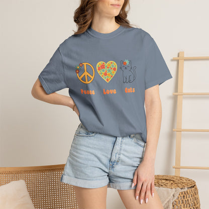 Peace Love Cats T-Shirt — Floral Peace Sign & Heart Cat Graphic Tee